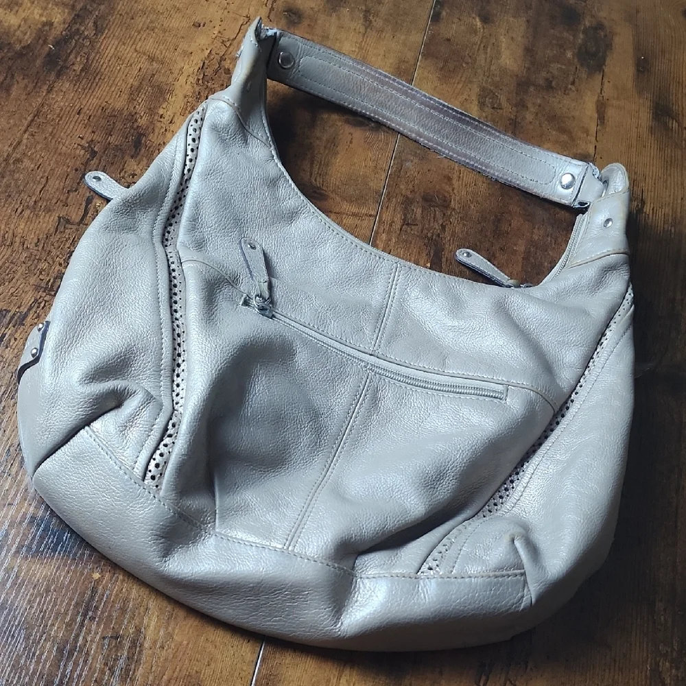TIGNANELLO‎ | Taupe Metallic Leather Hobo Bag With Cutout Accents And Pockets